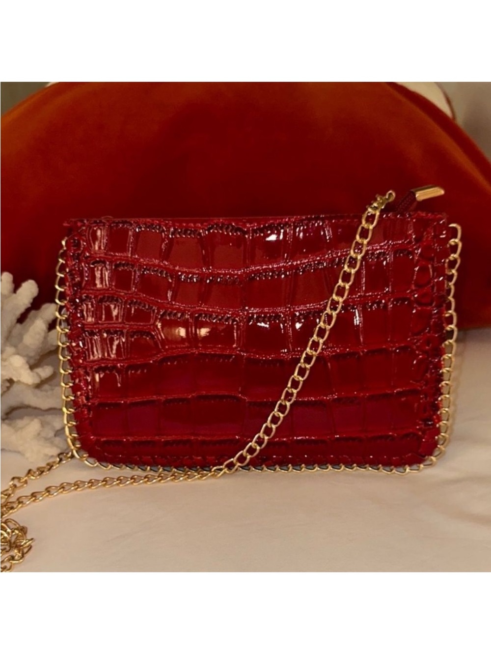 bon voyage Cherry Red Croc Faux Leather  Crossbody Link Chain Trim Bag Purse